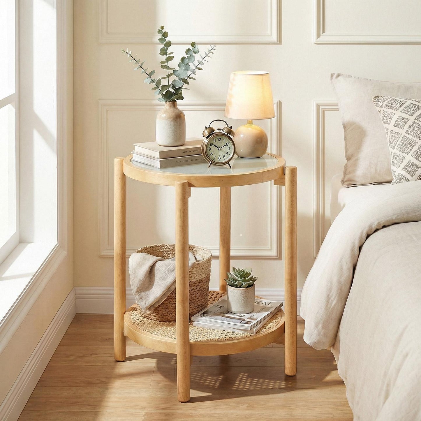 Giantex Round Side Table, Accent End Table w/Acacia Wood Legs, Bedside Table for Home Office, Natural