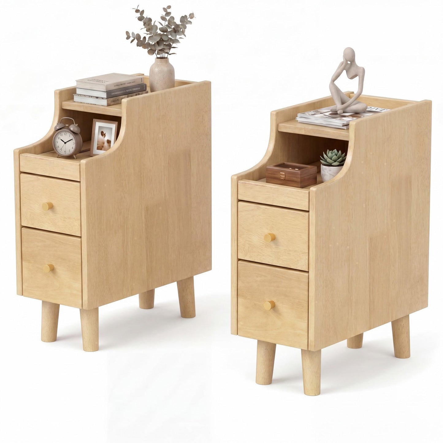 Giantex set of 2 Nightstands, Slim Wooden End Tables w/2 Storage Drawers for Small Spaces, Natural
