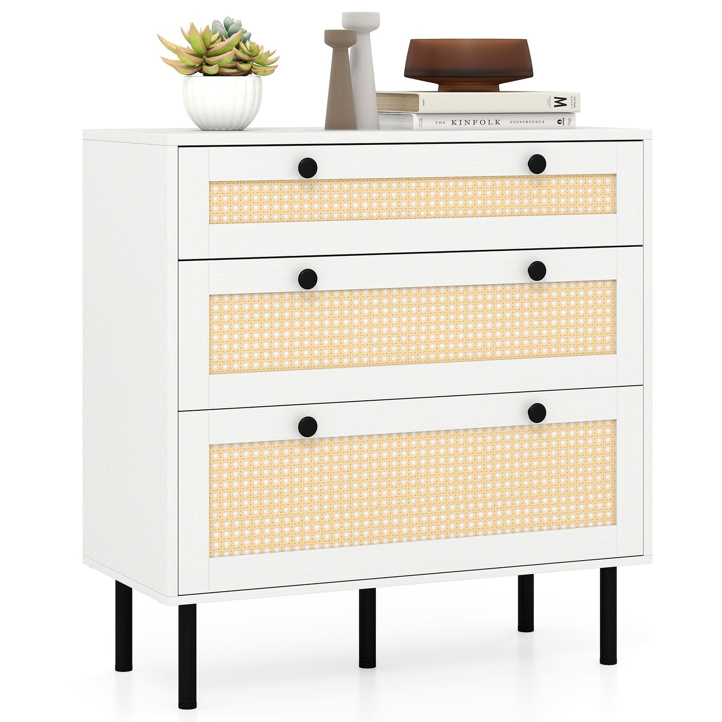 Giantex 3-Drawer Rattan Nightstand, Accent Bedside Table w/Metal Legs for Living Room, Bedroom