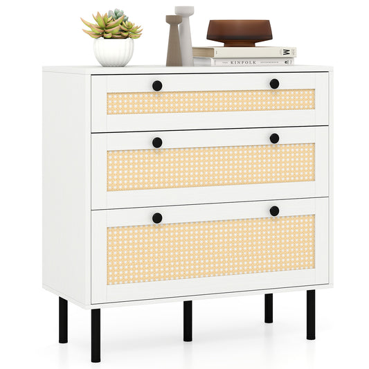 Giantex 3-Drawer Rattan Nightstand, Accent Bedside Table w/Metal Legs for Living Room, Bedroom