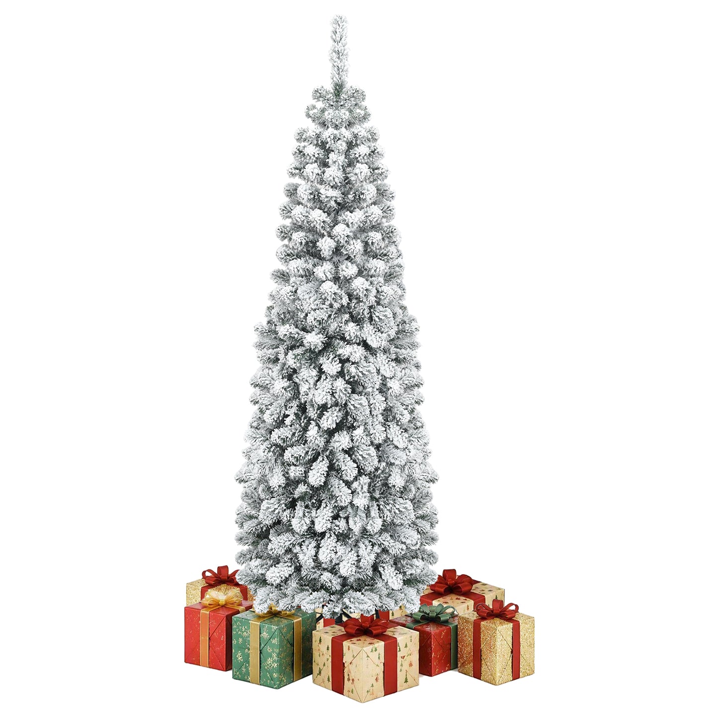 Giantex 6 FT Hinged Flocked Pencil Christmas Tree Unlit, White