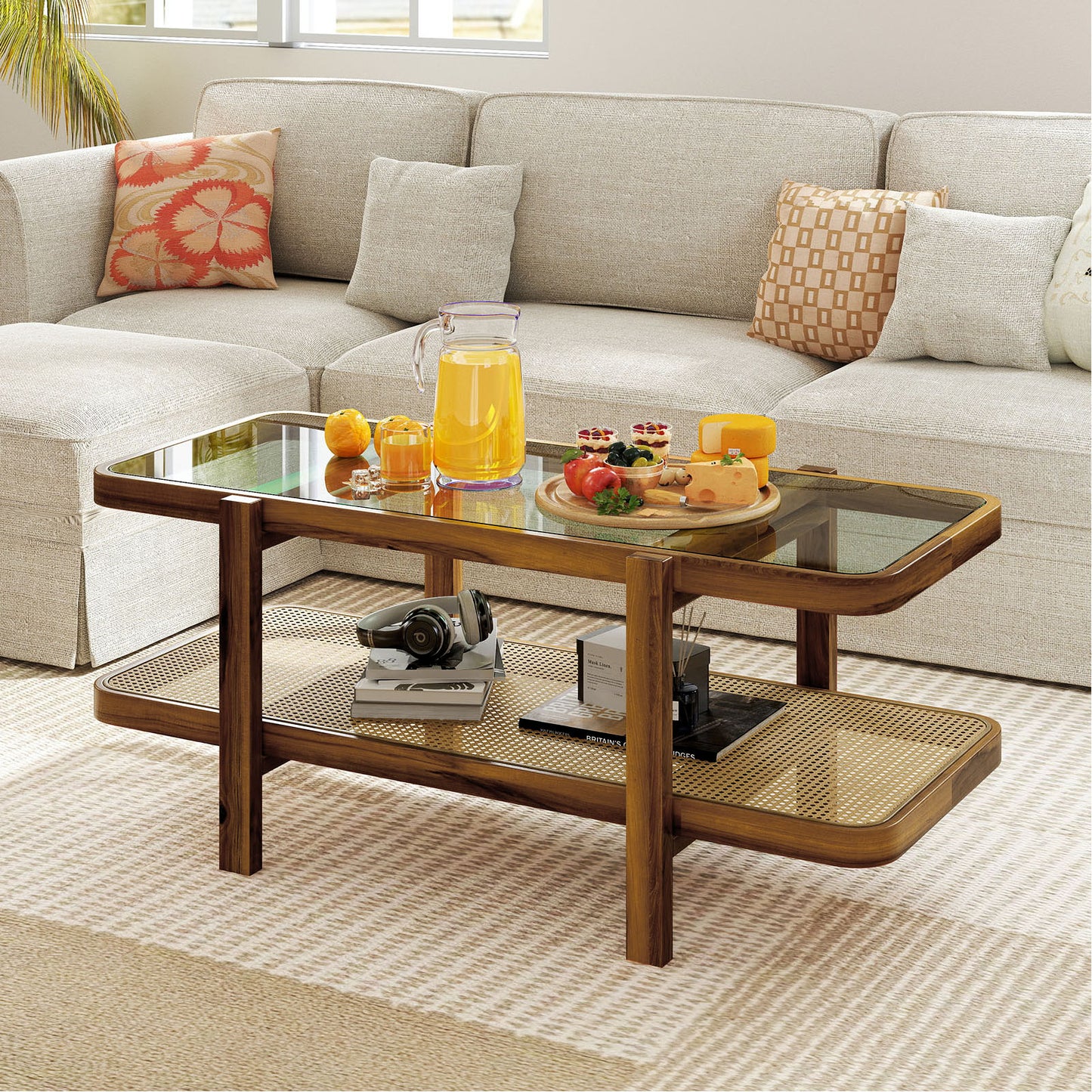 Giantex 2-Tier Boho Coffee Table, Accent Table w/PE Rattan Shelf, Center Table, Brown & Natural