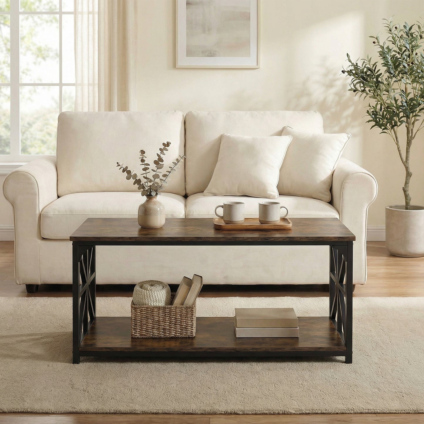 Giantex 2-Tier Coffee Table, Rectangular Accent Table w/Metal Frames, Low Cocktail Table, Brown
