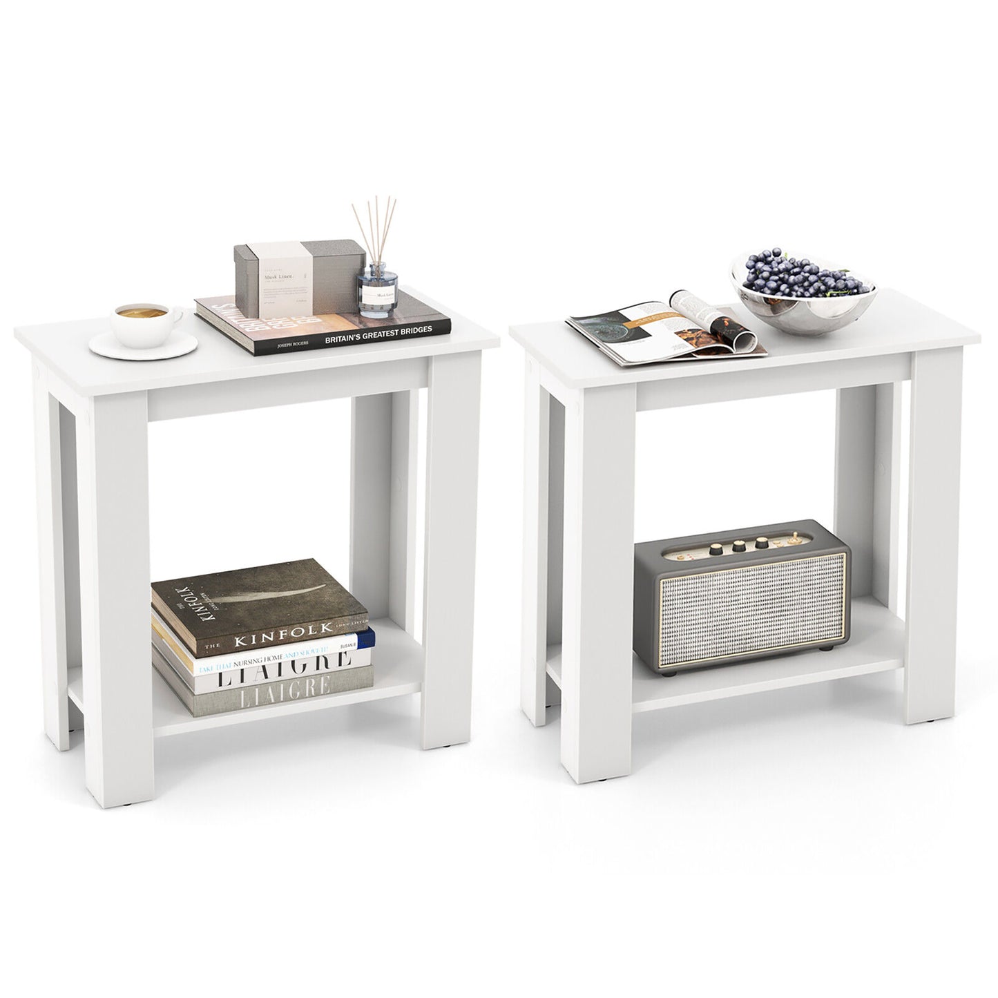 Giantex 2-Tier End Table Set of 2, Simple Design Sofa Bedside Table for Small Spaces, White