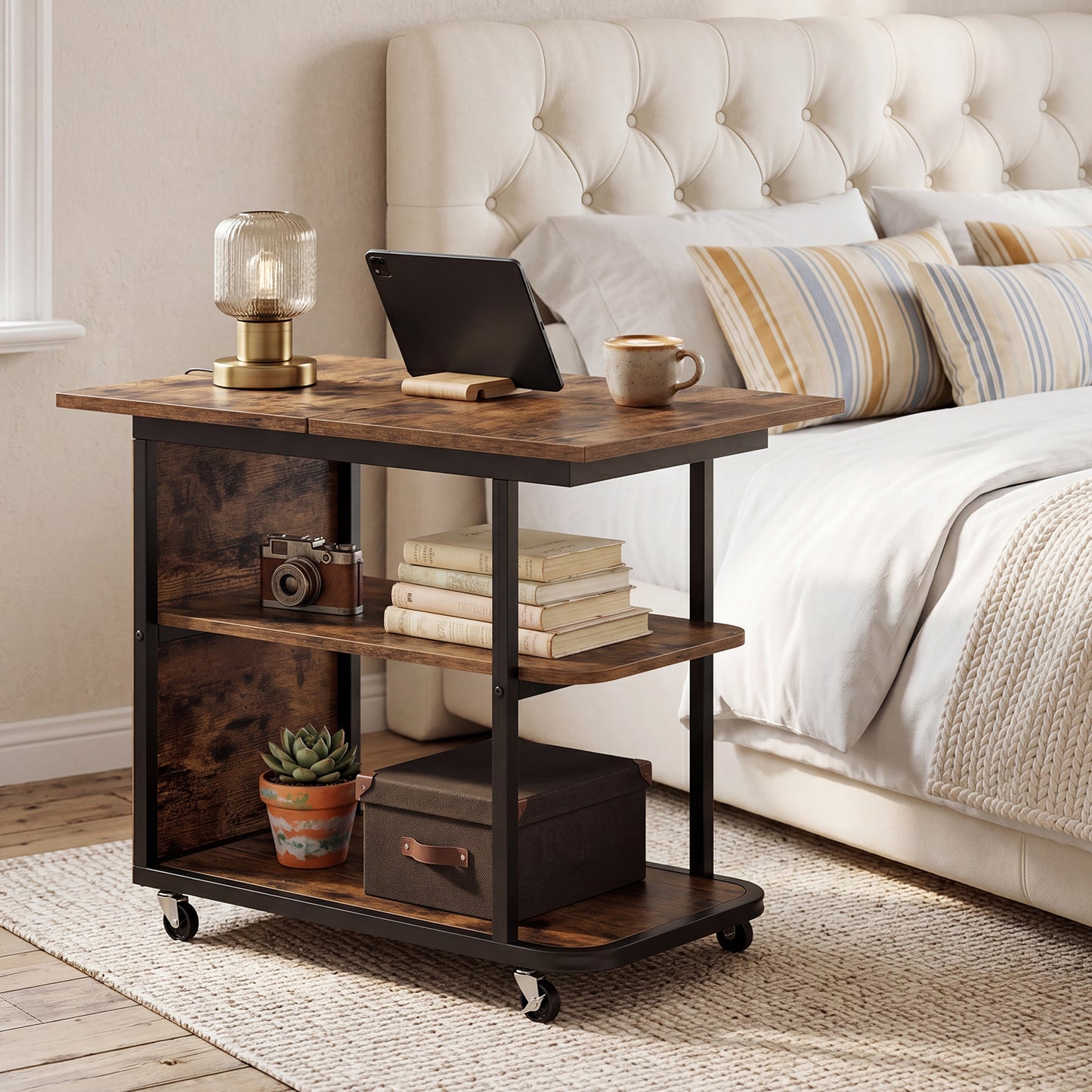 Giantex Sofa Side Table, Mobile End Table, Rolling Bedside Table w/Metal Frame, Brown