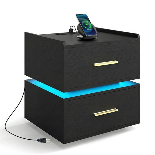 Giantex LED Nightstand w/Charging Station, Modern Bedside Table for Home, Black
