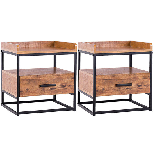 Giantex 2-Tiers End Side Table, Wooden Nightstand, Cabinet with Drawer and Rustic Shelf Decoration in Living Room,Bedroom,Lounge