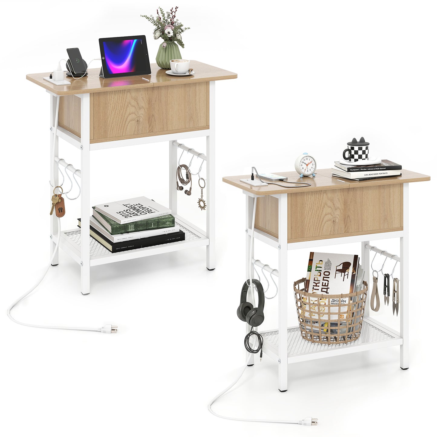 Giantex Set of 2 End Table w/Charging Station, Sofa Side Table w/Storage Shelf for Small Space, Natural