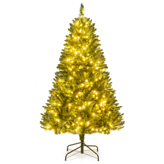 Giantex Artificial Pre-Lit Christmas Tree 5 FT, 510Branch Tips, 400Warm White LED Lights, 7 Lighting Modes, Hinged Design with Folding Metal Stand for Home Party Holiday