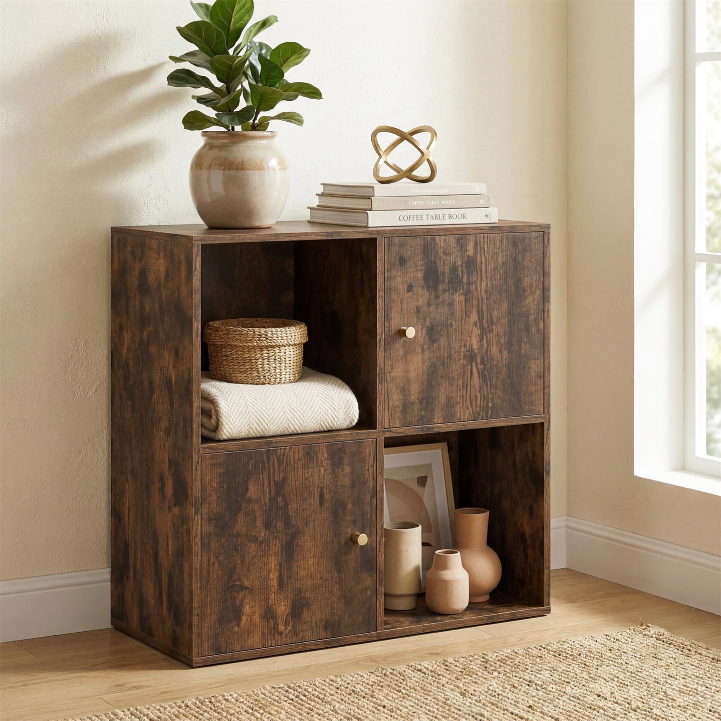 Giantex cube Bookcase, Wooden Bookshelf w/4-cube, Display Compartment Cabinet forBedroom, Living Room, Brown