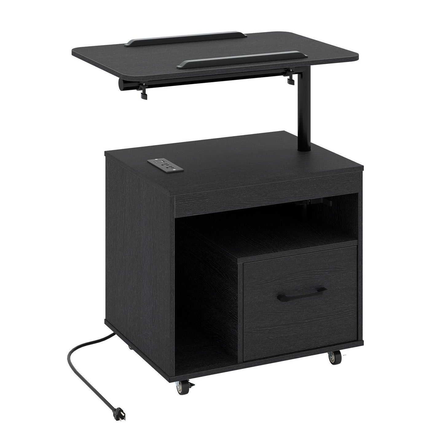 GiantexLED Nightstand w/Power Outlets,Rolling Sofa Side Table, Bedside Table w/Storage Shelf, Black
