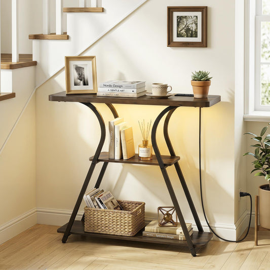Giantex Console Table w/LED Lights,arrow LongCouch Table w/Power Outlets & Storage Shelves
