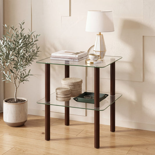 Giantex Square End Table, Small Sofa Side Table w/Clear Tempered Glass Top, Brown