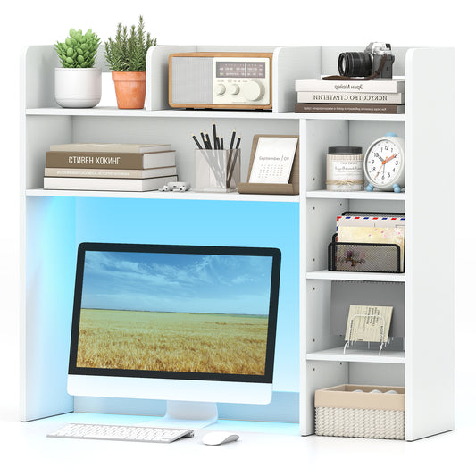 Giantex LED Desktop Bookshelf, Wooden Bookcase w/ Storage Organizer for Home Office, White