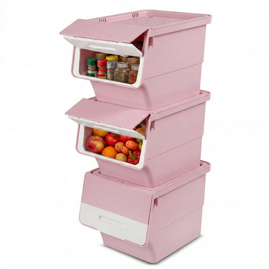 Giantex 3 Pack Rolling Storage Bins with Lids, Stackable Nestable Plastic Organizers White + Pink