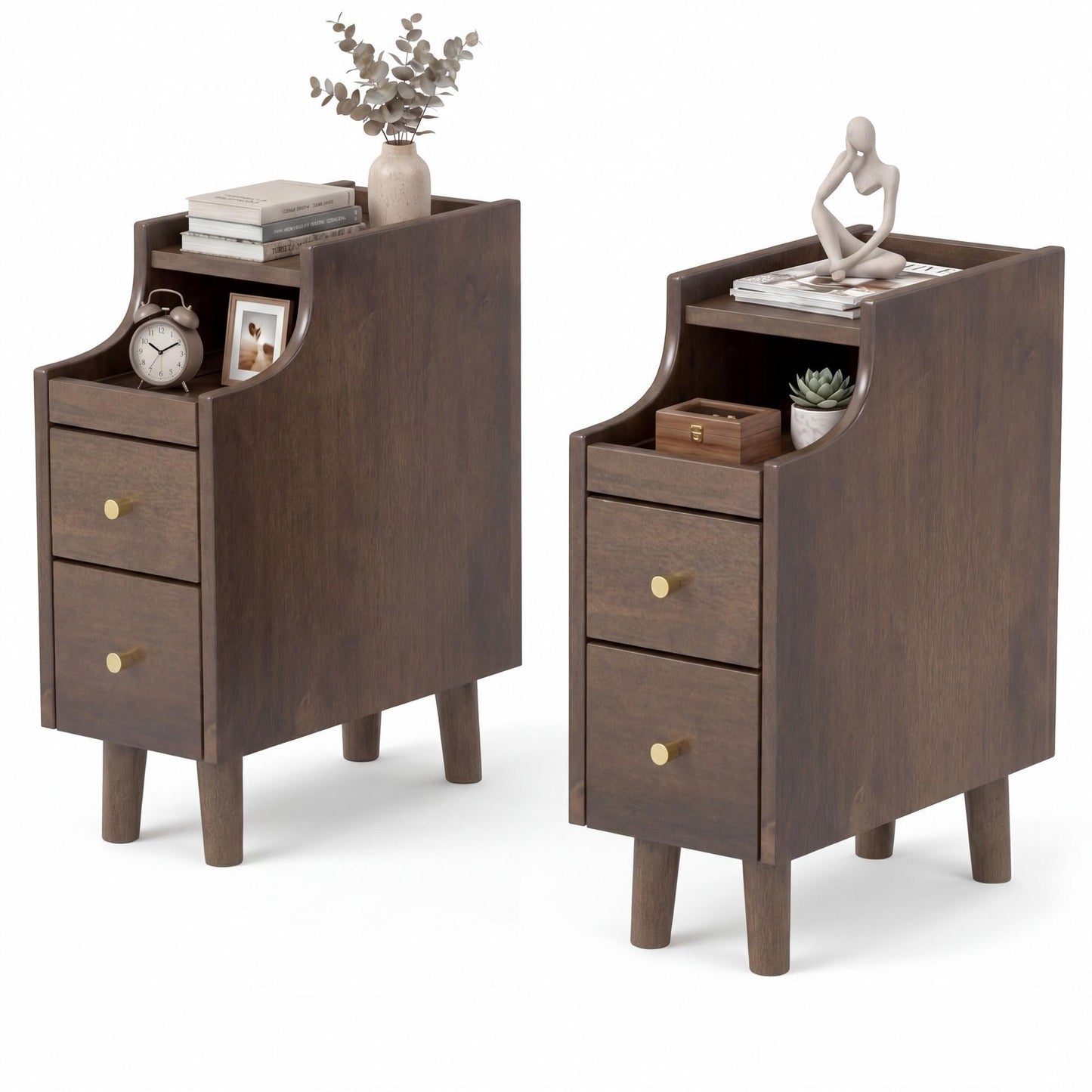 Giantex set of 2 Nightstands, Slim Wooden End Tables w/2 Storage Drawers for Small Spacee, Brown