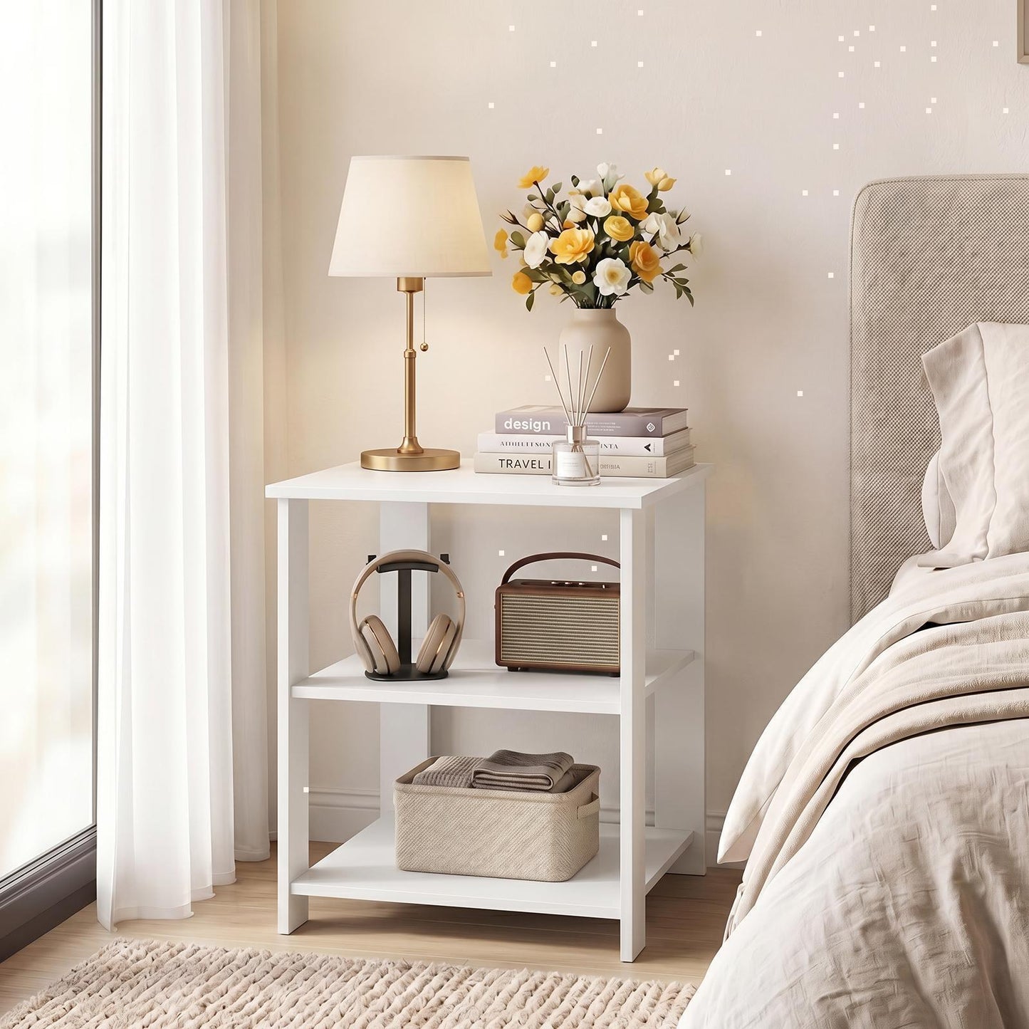 Giantex3-Tier End Table,Square Nightstand Bedside Table w/Storage Shelves, White