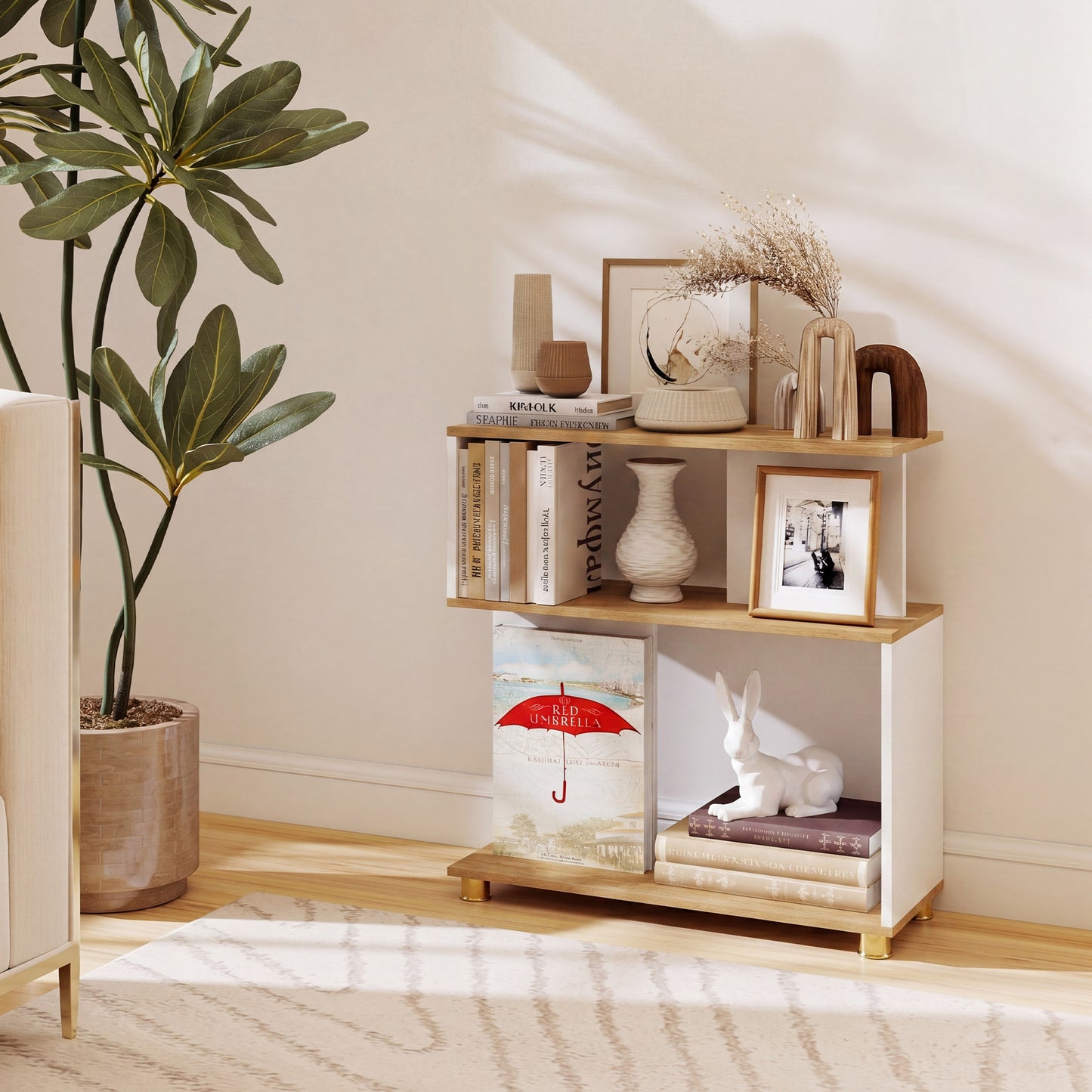 Giantex S-Shaped Bookcase, Narrow Sofa Side Bookshelf, Slim End Table for Home, White & Natural