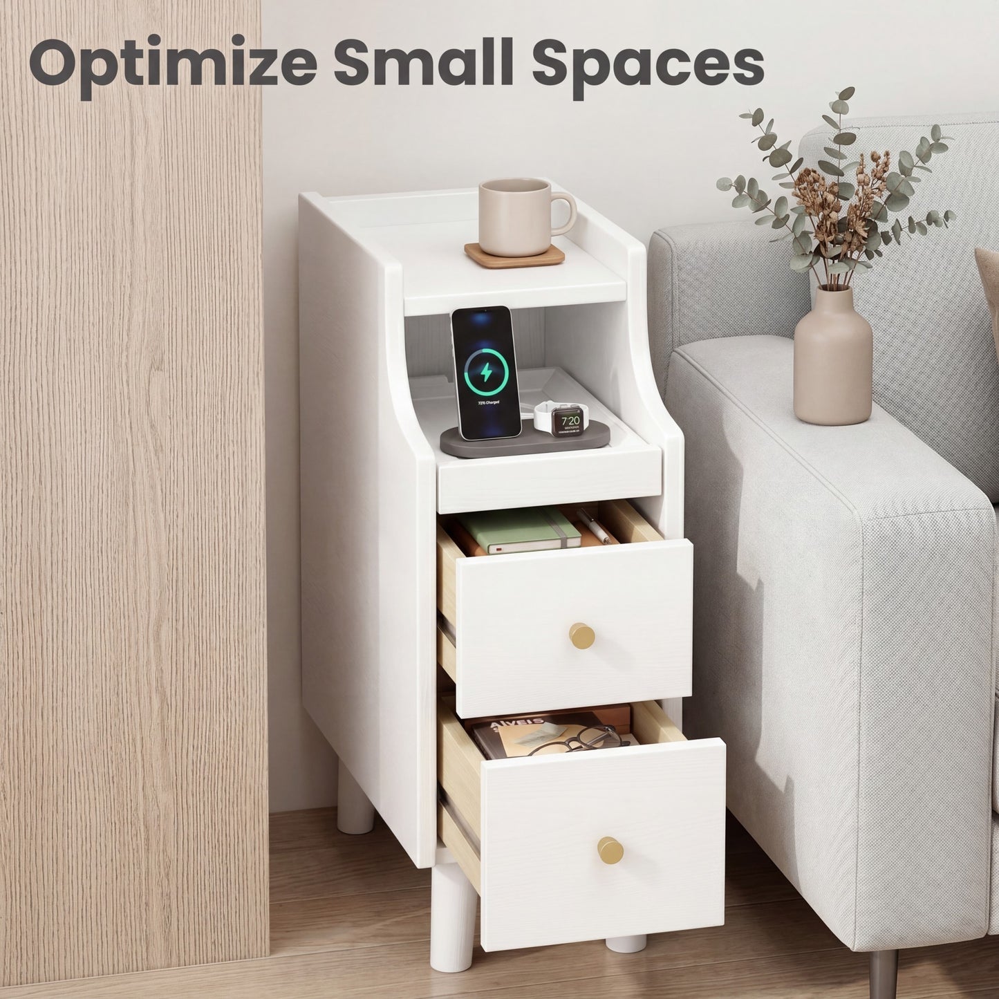 Giantex Nightstands, Slim Wooden End Tables w/2 Storage Drawers for Small Spaces, White