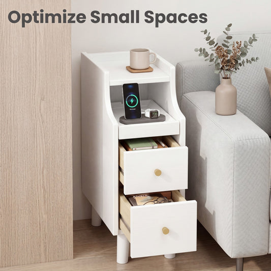Giantex Nightstands, Slim Wooden End Tables w/2 Storage Drawers for Small Spaces, White