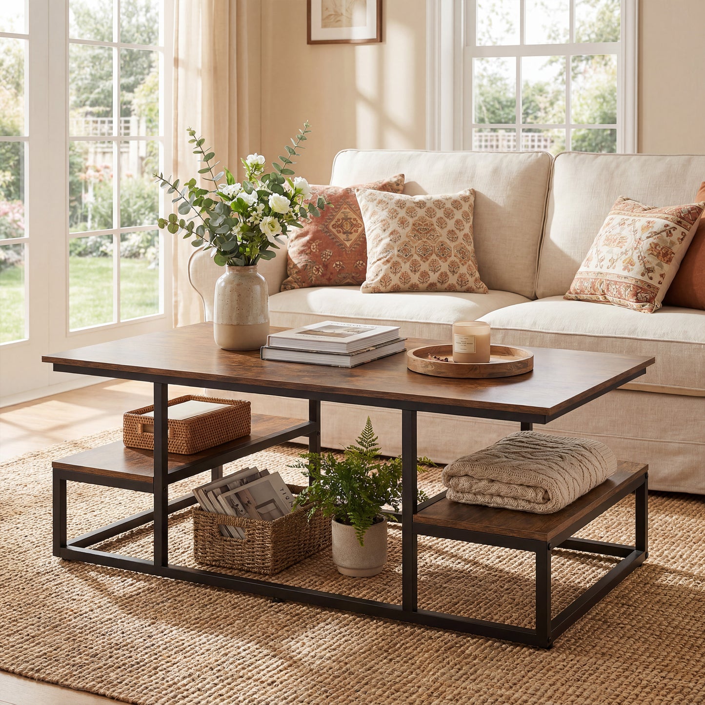 Giantex Coffee Table w/Open Shelves, Industrial Tea Table, Accent Cocktail Table