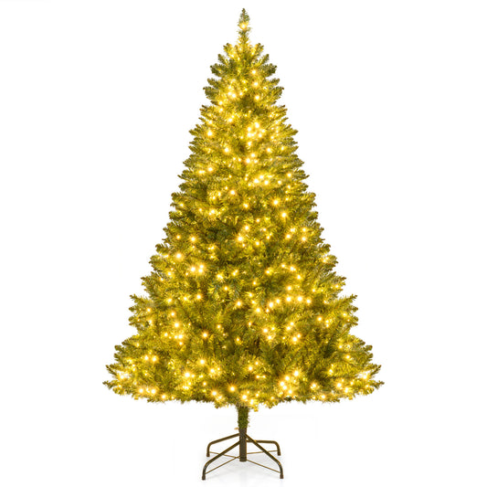 Giantex Artificial Pre-Lit Christmas Tree 6 FT, 814 Branch Tips, 700 Warm White LED Lights, 7 Lighting Modes, Hinged Design with Folding Metal Stand for Home Party Holiday