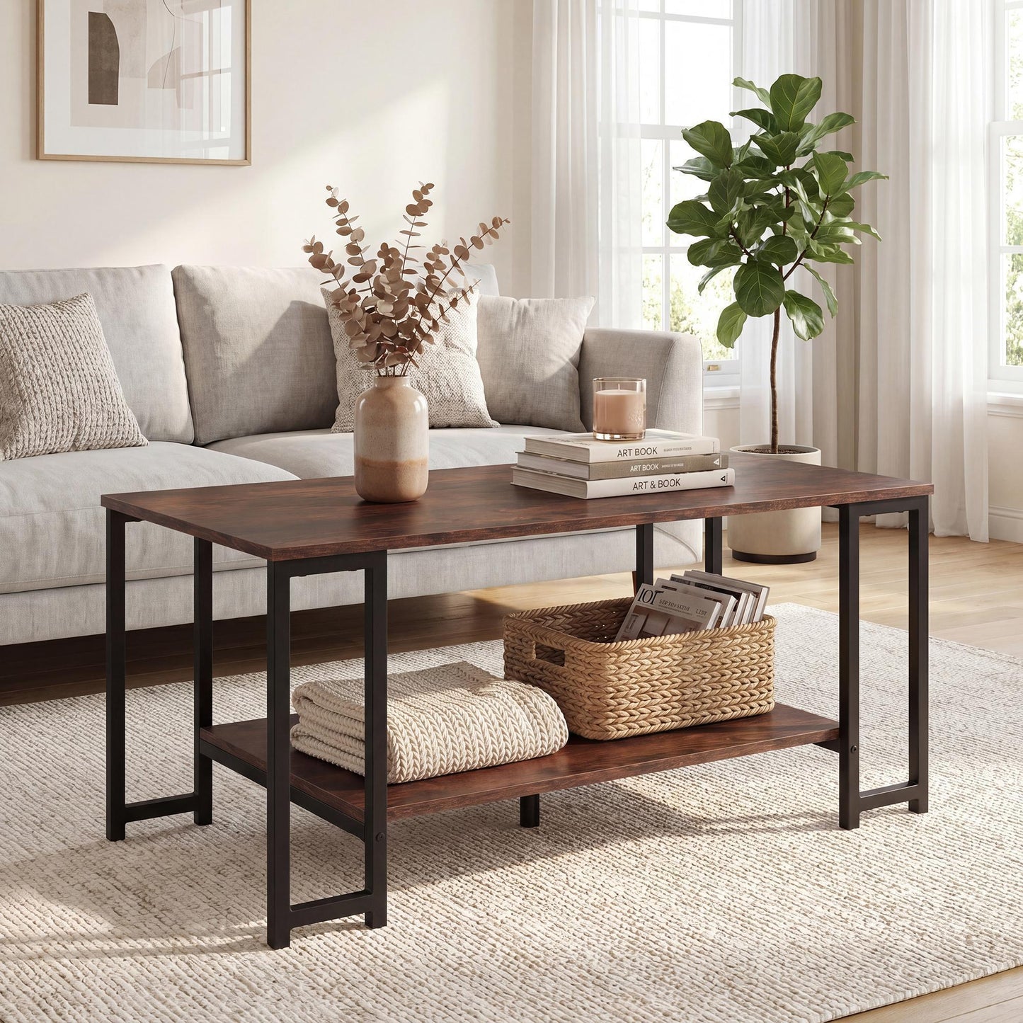 Giantex 2 Tier Coffee Table, Living Room Center Table w/Metal Frame, Accent Table, Rustic Brown