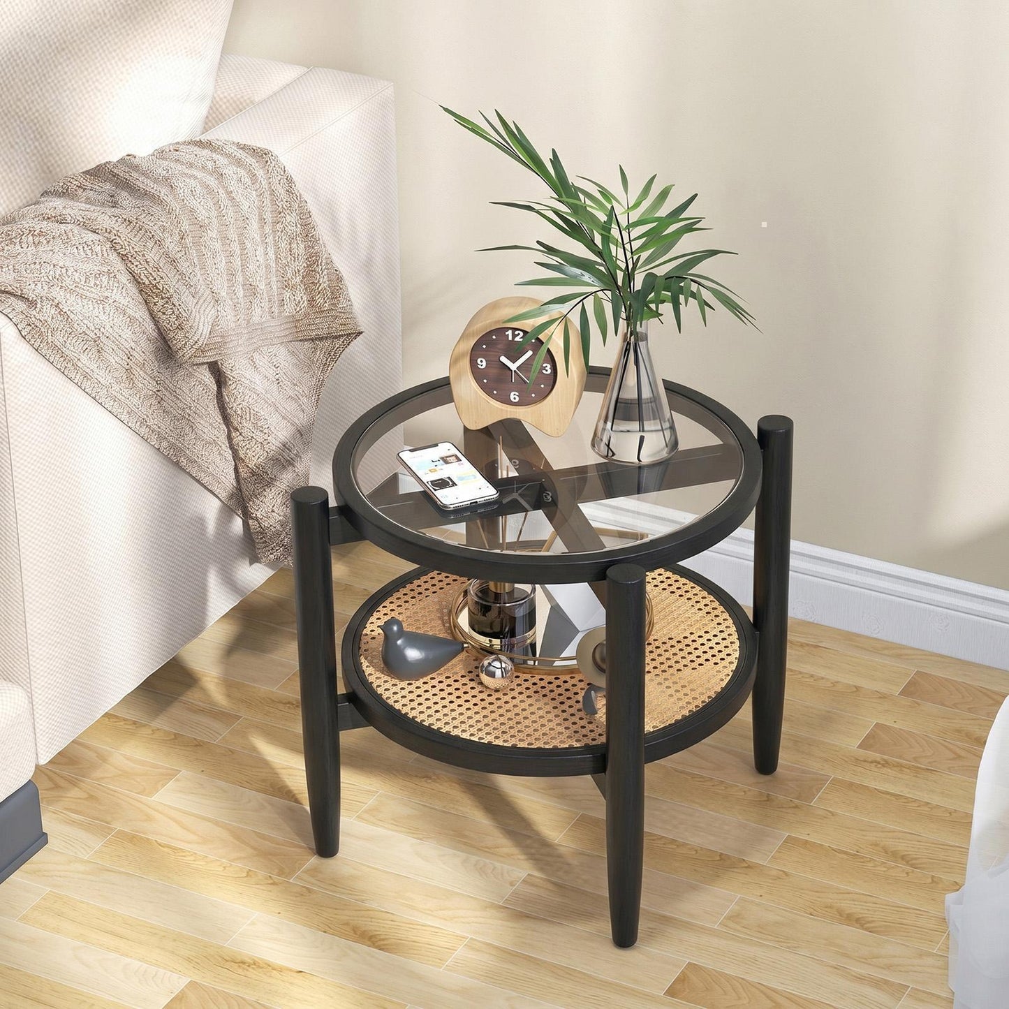 Giantex Round 2-Tier Side Table, PE Rattan End Table, Tempered Glass Bedisde Table