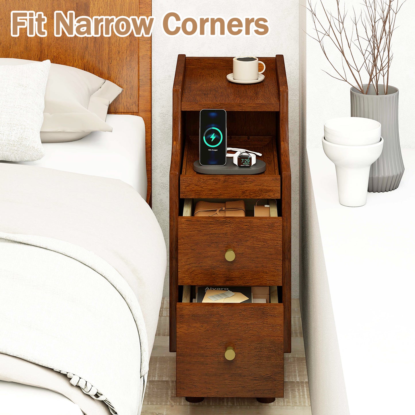 Giantex Nightstands, Slim Wooden End Tables w/2 Storage Drawers for Small Spaces, Brown