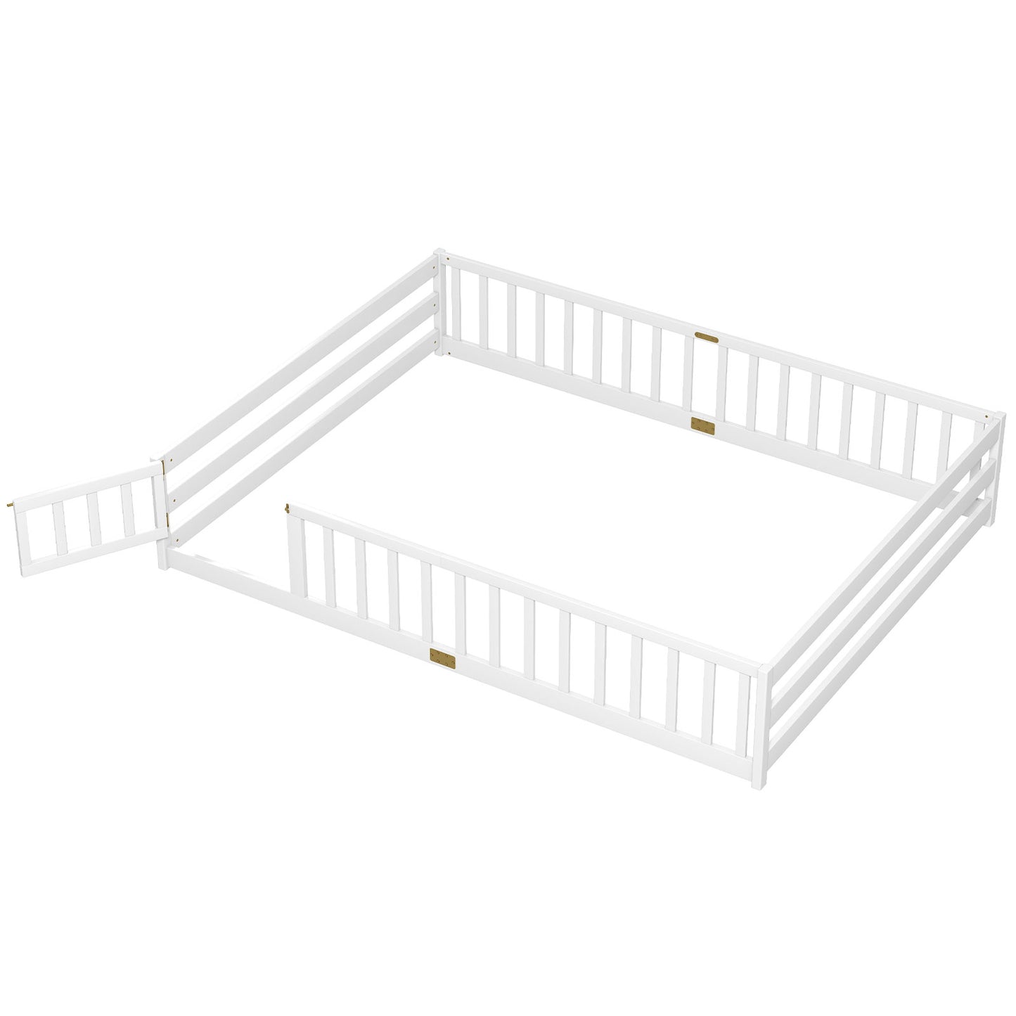 Giantex Queen Size Kids Floor Bed with Guardrails and Door Wood Bed, White