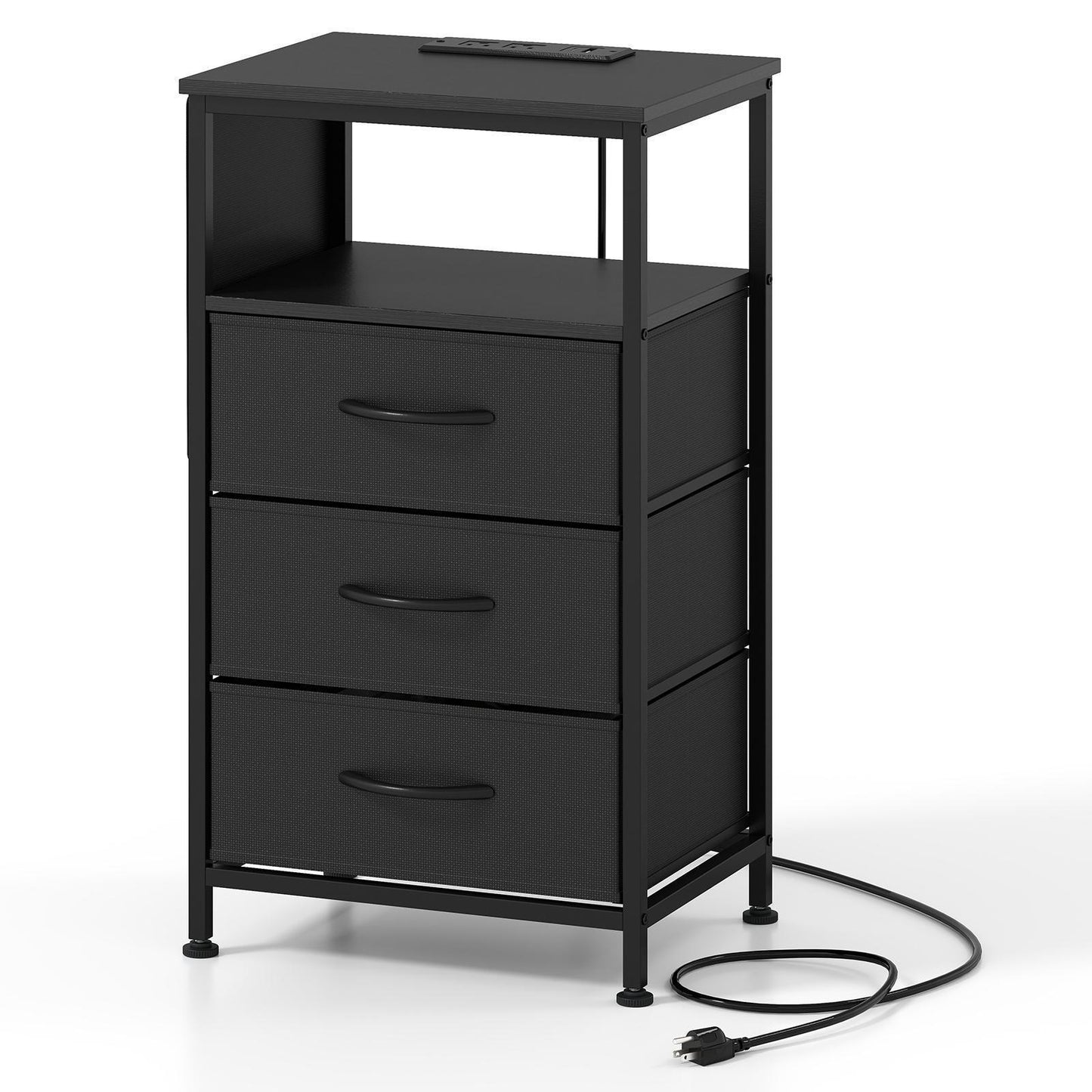 Giantex Nightstand w/Charging Station, Bedside Table w/3 Fabric Drawers, 2 AC Outlets, USB and Type-C Port, Black
