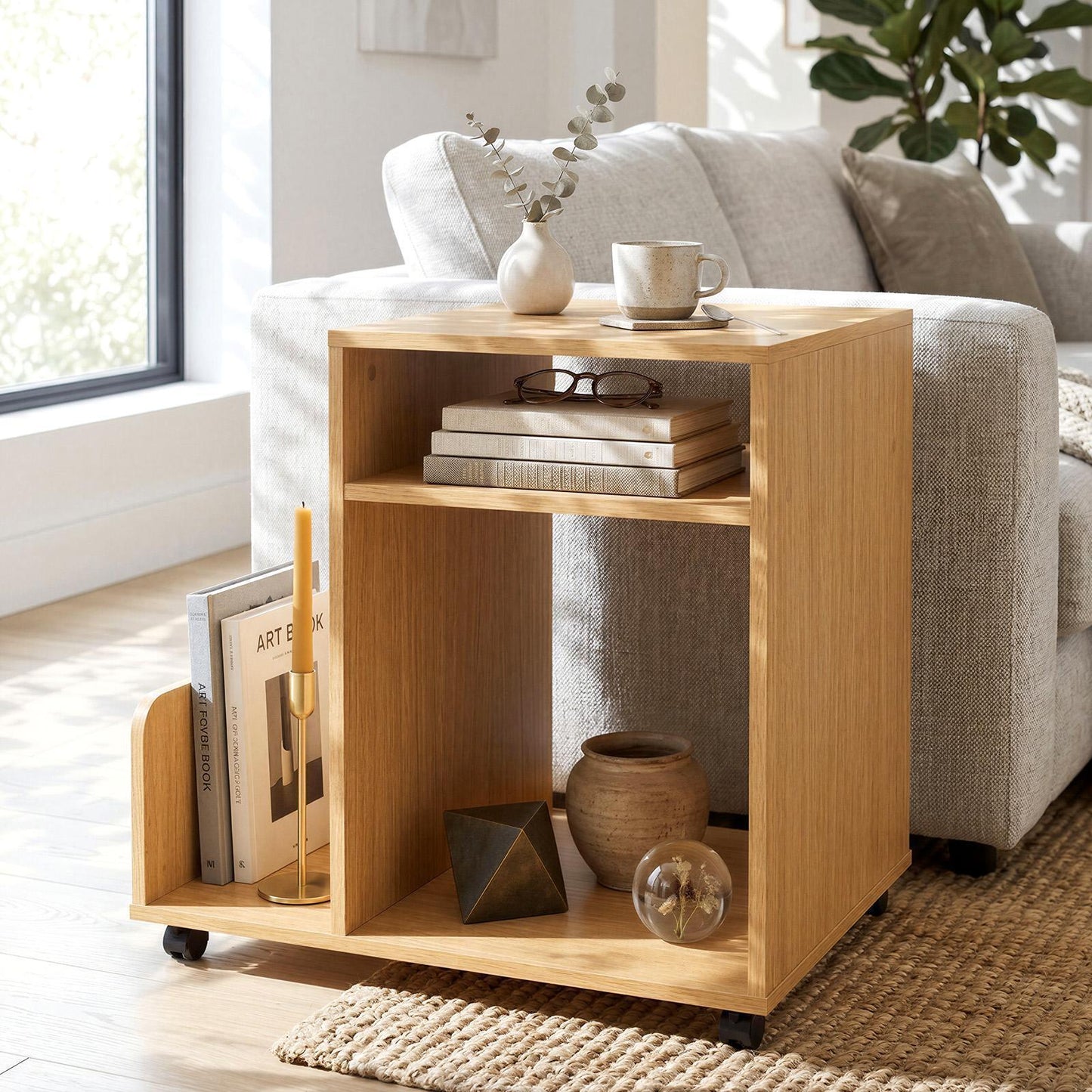 Giantex Mobile Nightstand, Rolling Small Side Table w/2 Lockable Casters, Natural