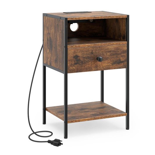 Giantex Nightstand w/USB Ports & Outlets, Bedside Table w/Storage Drawer for Home, Brown