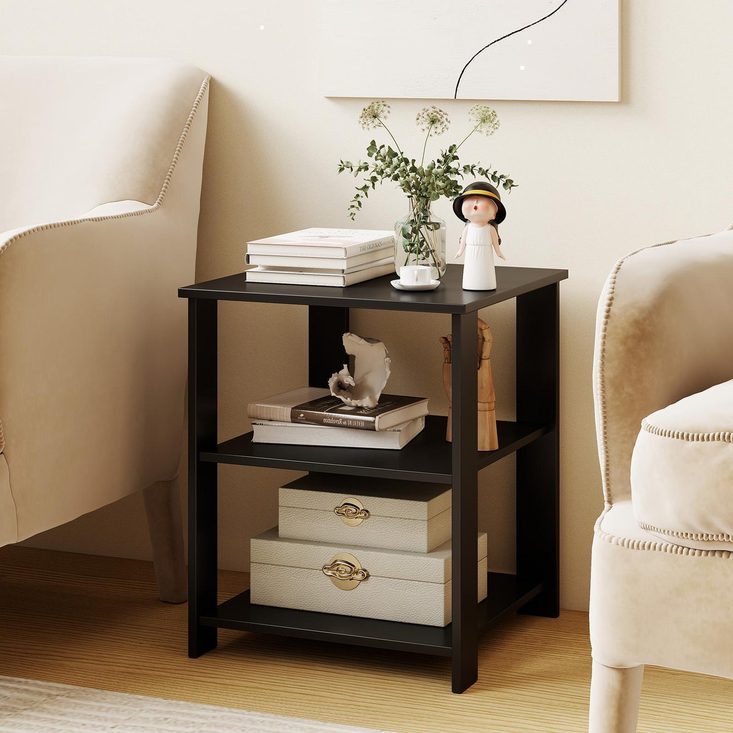 Giantex3-Tier End Table,Square Nightstand Bedside Table w/Storage Shelves, Black