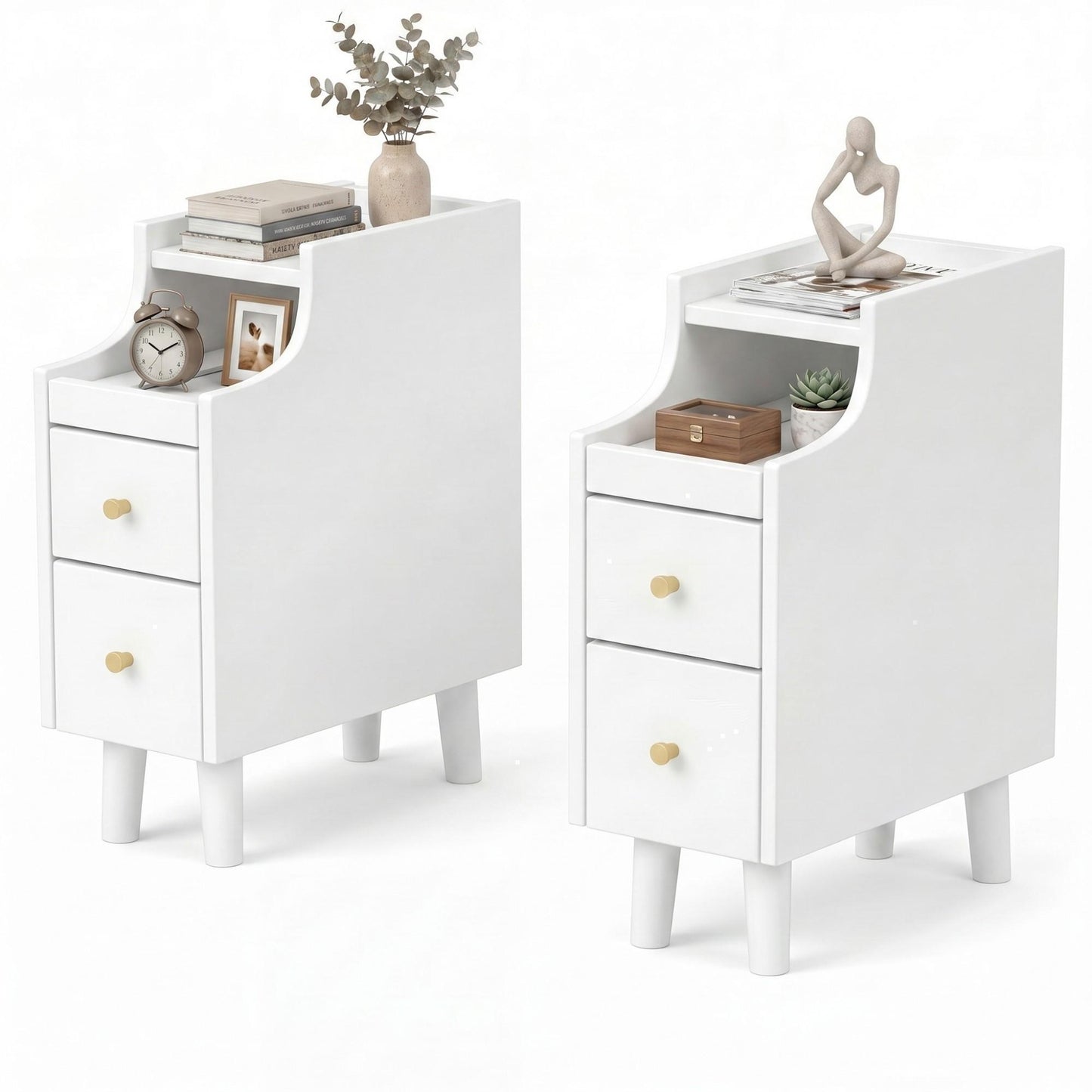 Giantex set of 2 Nightstands, Slim Wooden End Tables w/2 Storage Drawers for Small Spaces, White