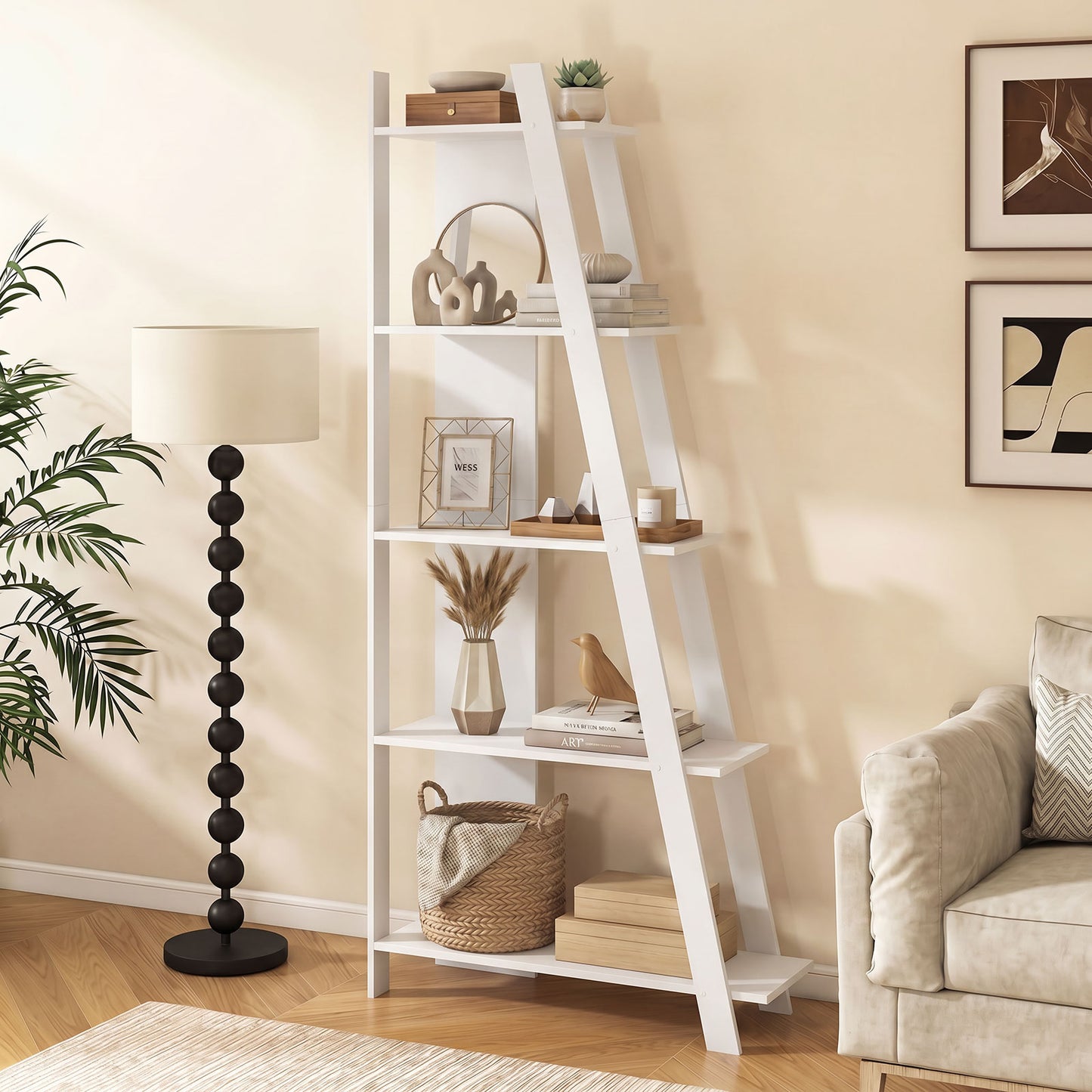Giantex 5-Tier Ladder Bookshelf, Floor Standing Bookcase for Living Room, Narrow Display Rack, White