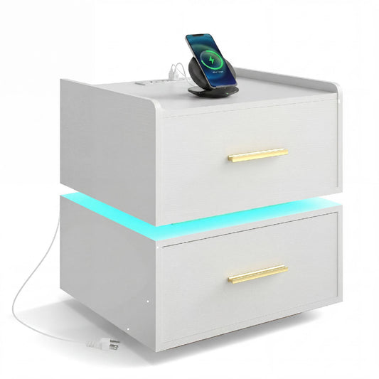 Giantex LED Nightstand w/Charging Station, Modern Bedside Table for Home, White