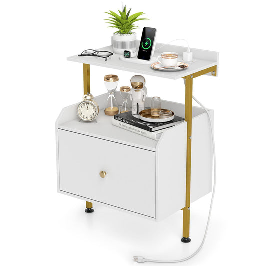 Giantex Nightstand w/LED Lights & Charging Station, Bedside Table w/Storage Shelves, White