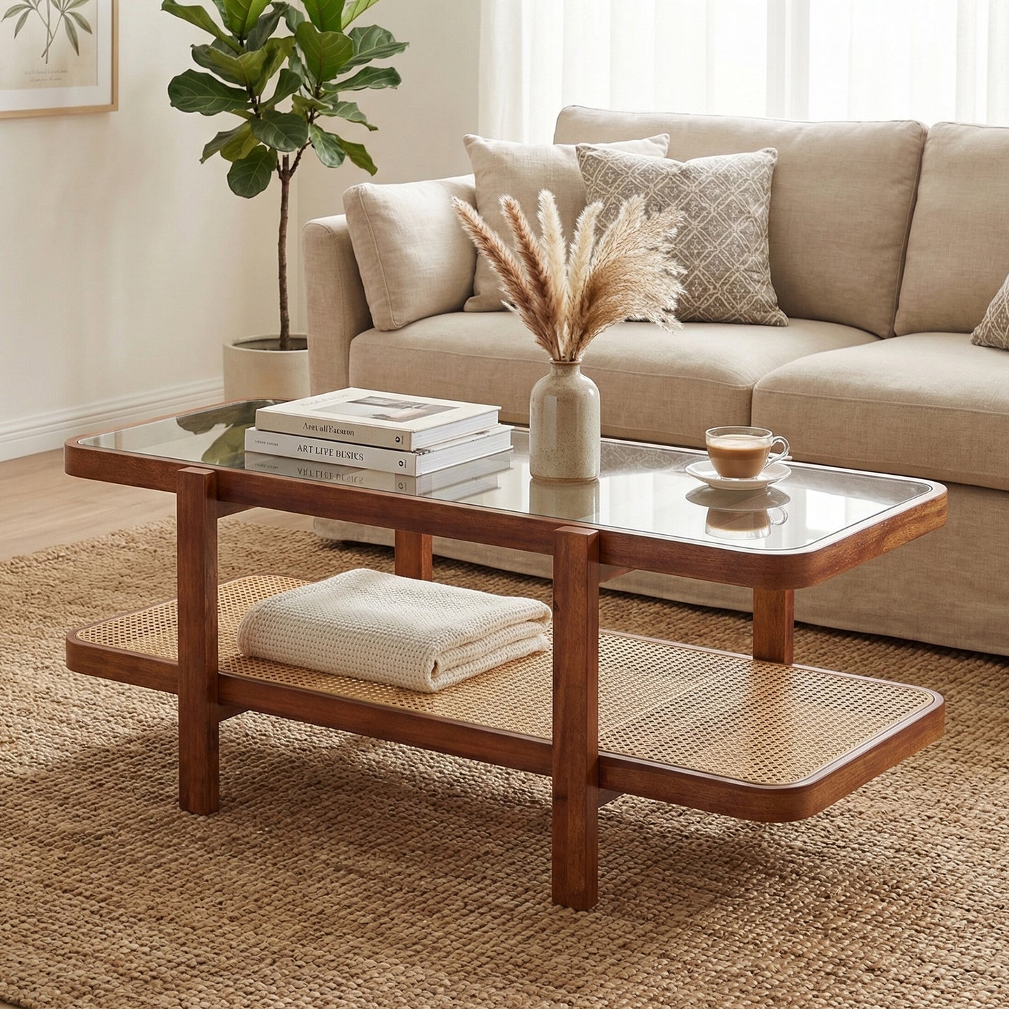 Giantex 2-Tier Boho Coffee Table, Accent Table w/PE Rattan Shelf, Center Table, Brown