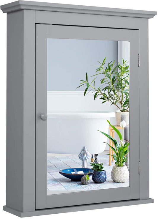 Giantex Bathroom Mirror Cabinet, Wall Mounted Storage Cabinet with Mirror Door and Adjustable Shelf, Mirrored Medicine Cabinet for Bathroom, Living Room, Cloakroom, 22 x 6 x 27.5 inches (Grey)