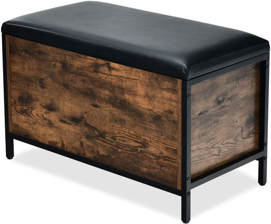 Giantex Entryway Storage Bench Industrial Style Flip Top Storage Ottoman, Storage Chest Trunk with Padded Seat for Bedroom, Living Room, Supports 265 lbs, 32 x 16 x 19.5 inches (Dark Brown+Black)