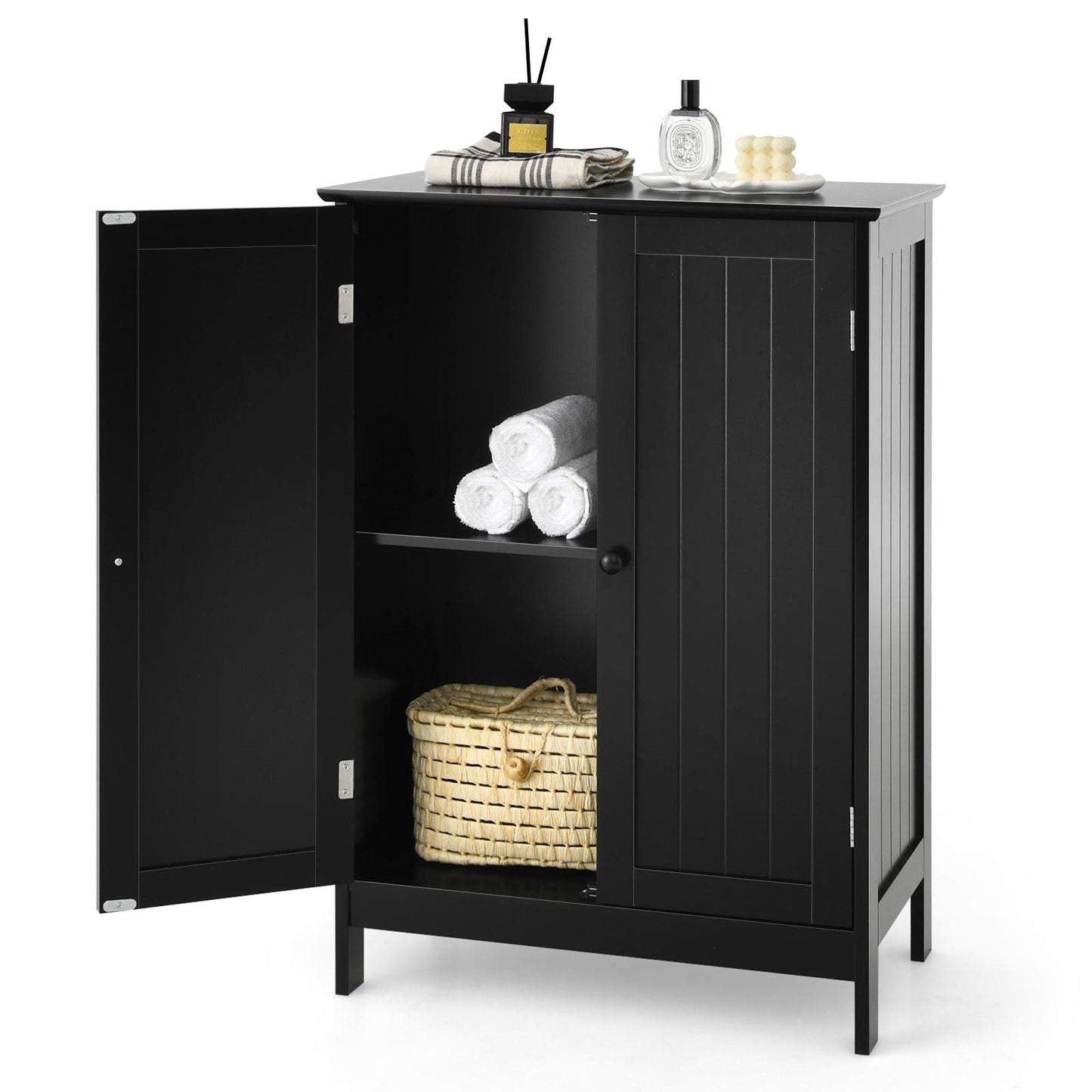 Giantex Bathroom Floor Cabinet, Wooden Freestanding Storage Cabinet with Double Doors, Suitable for Bathroom, Living Room, Bedroom, Entryway,Black