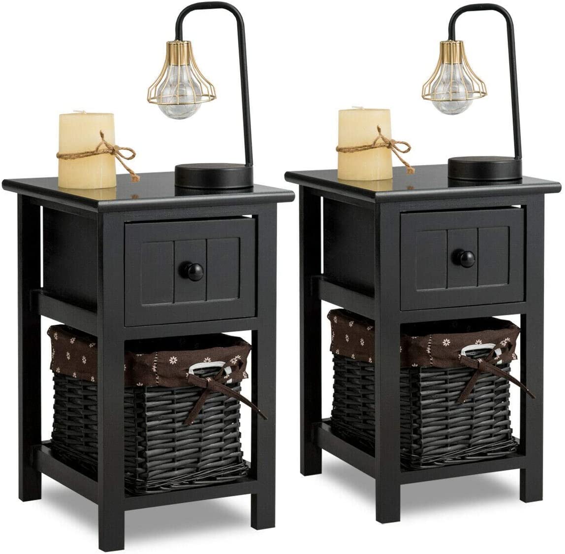 Giantex Wooden Nightstand, Safeplus End Table with Wooden Drawer and Wicker Drawer, Bedside Sofa Storage Organizer for Home Living Room Bedroom, Black-2