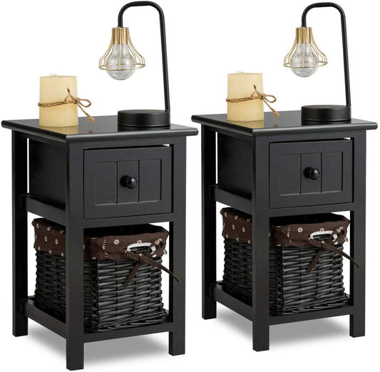 Giantex Wooden Nightstand, Safeplus End Table with Wooden Drawer and Wicker Drawer, Bedside Sofa Storage Organizer for Home Living Room Bedroom, Black-2