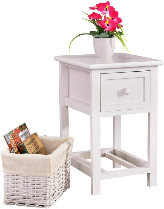Giantex Wooden Nightstand, Safeplus End Table with Wooden Drawer and Wicker Drawer, Bedside Sofa Storage Organizer for Home Living Room Bedroom, White