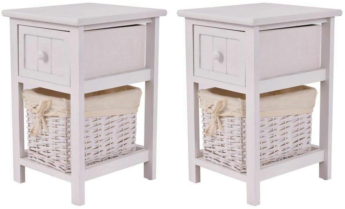 Giantex Wooden Nightstand, Safeplus End Table with Wooden Drawer and Wicker Drawer, Bedside Sofa Storage Organizer for Home Living Room Bedroom, White-2
