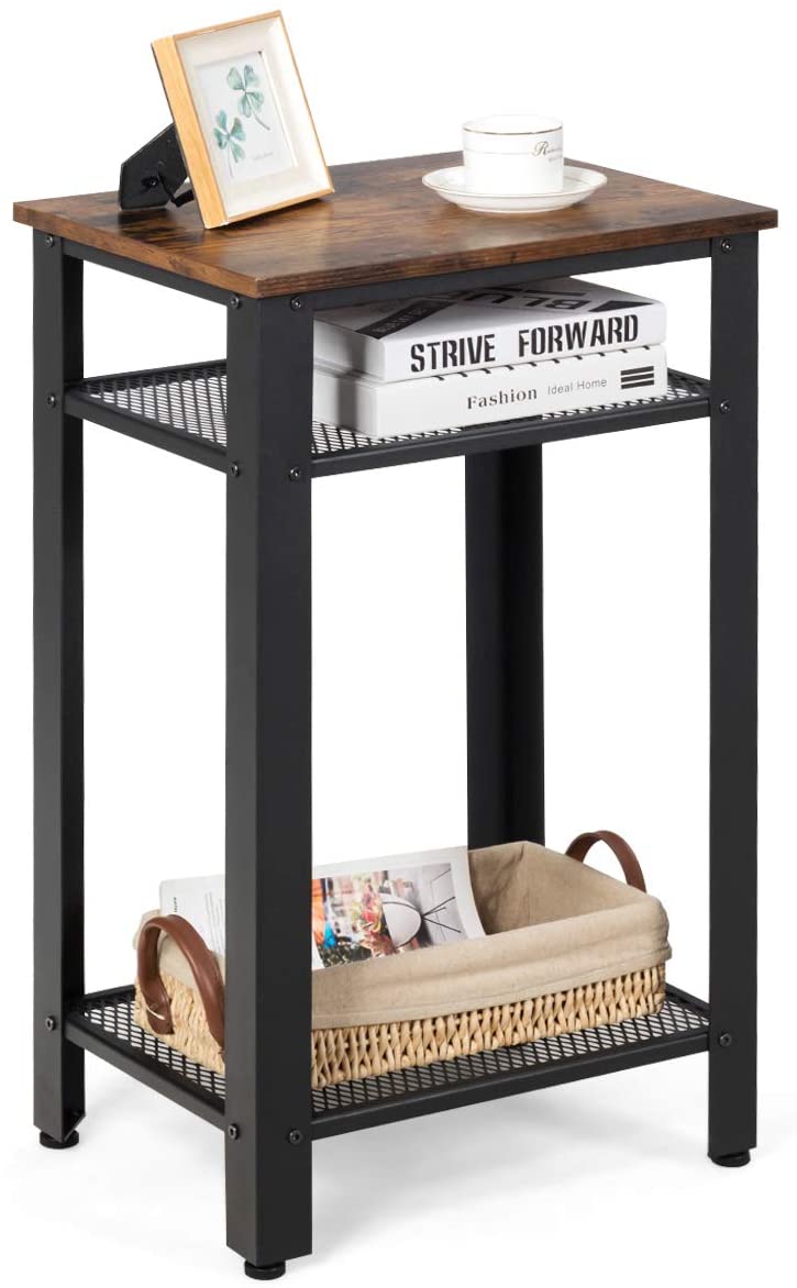 Giantex End Table, 3 Tier Side Tables, Versatile Nightstands with Metal Mesh Storage Shelves Industrial Night Tables for Living Room Bedroom