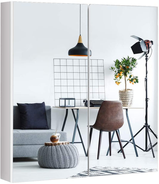 Giantex Bathroom Mirror Cabinet, 2-Tier Bathroom Wall Mounted Medicine Cabinet with Double Frameless Mirrored Doors, Ideal for Bathroom, Living Room, Cloakroom, 24.5 x 4.5 x 25.5 inches (White)