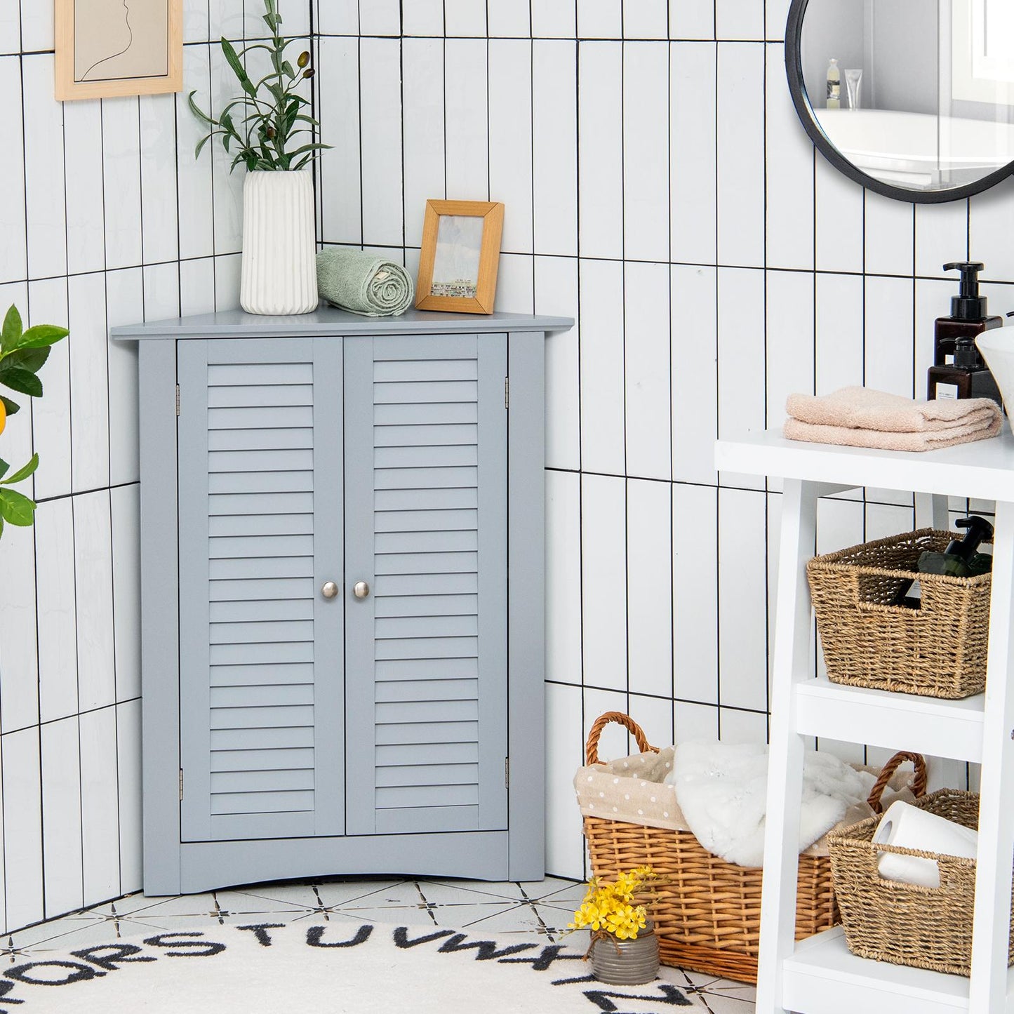 Giantex 3-Shelf Corner Cabinet, Freestanding Bathroom Floor Cabinet with Double Shutter Doors and Adjustable Shelf, Suitable for Bathroom, Living Room, Bedroom, Kitchen, 22 x 13 x 31.5 inches
