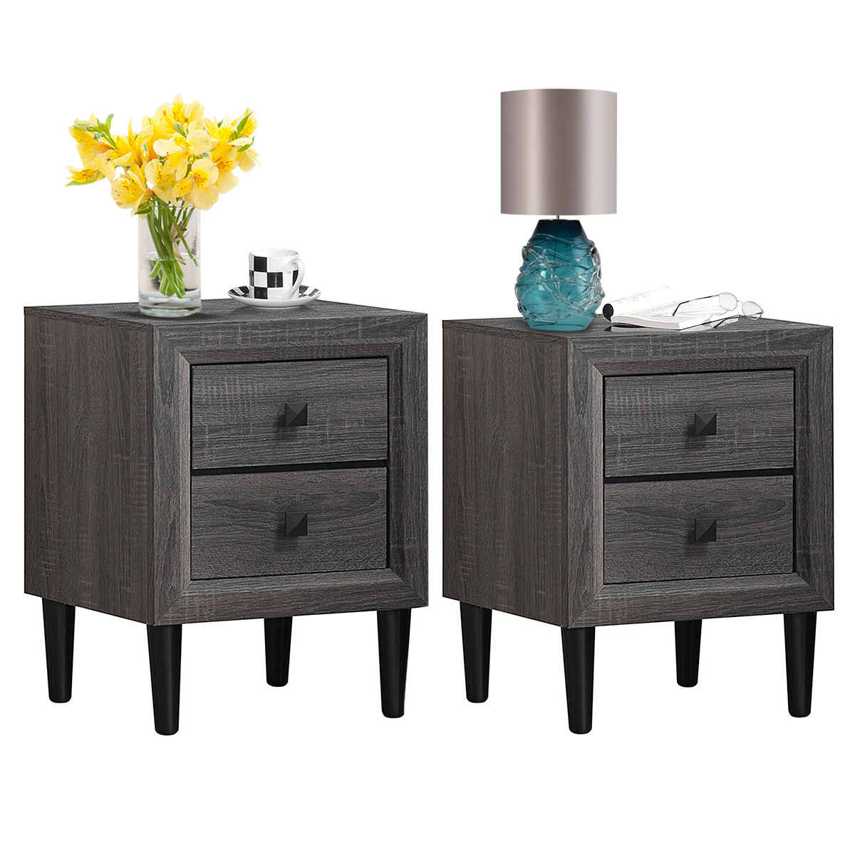 Giantex Wood Nightstands, Multipurpose End Table Sofa Side Table Bedside Cabinet with 2 Drawers, Perfect for Bedroom/Living Room/Office, Gray-2